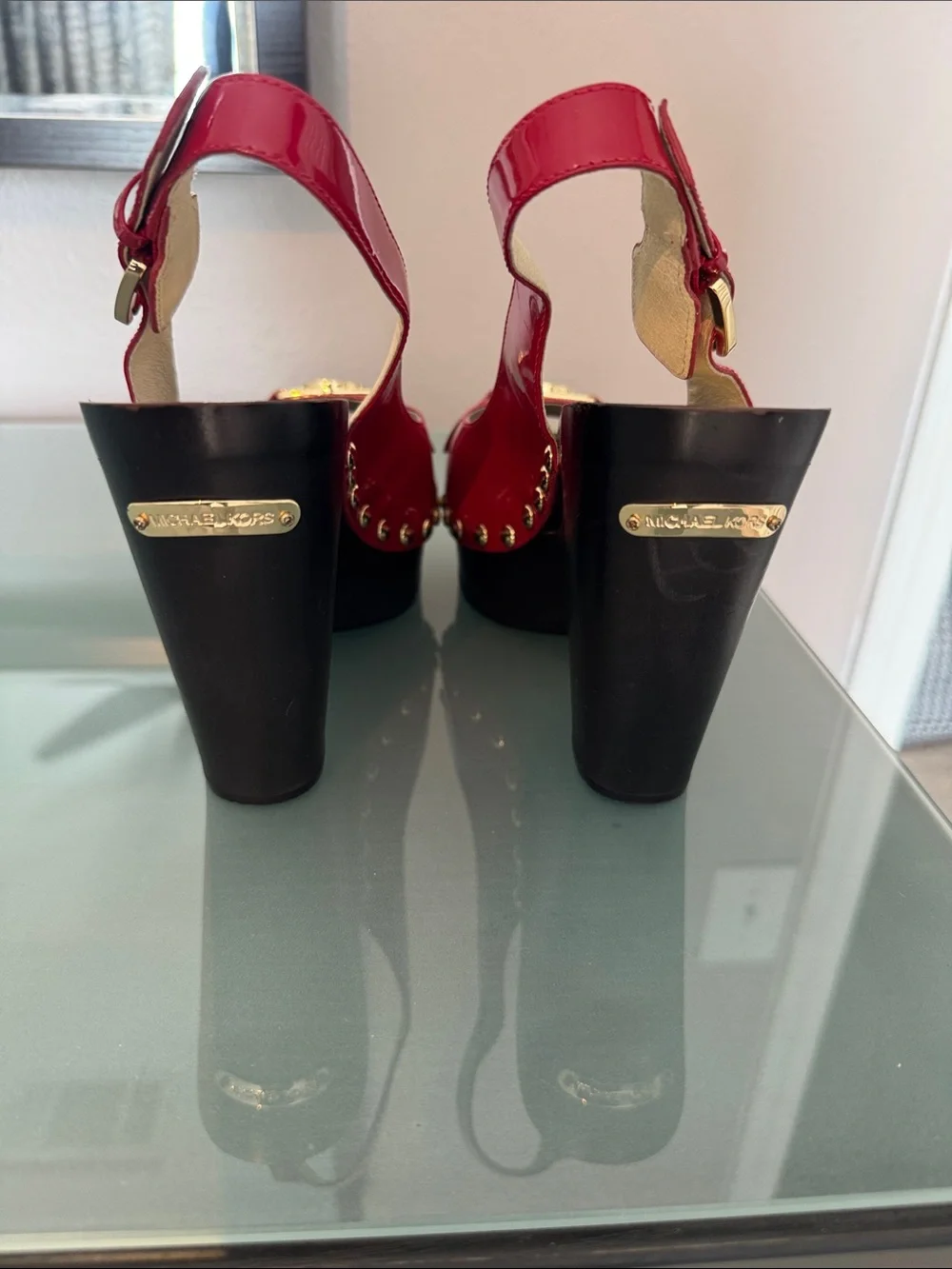 Michael Kors Red Patent Leather Open-Toe Slingback Heels with Gold MK Accent